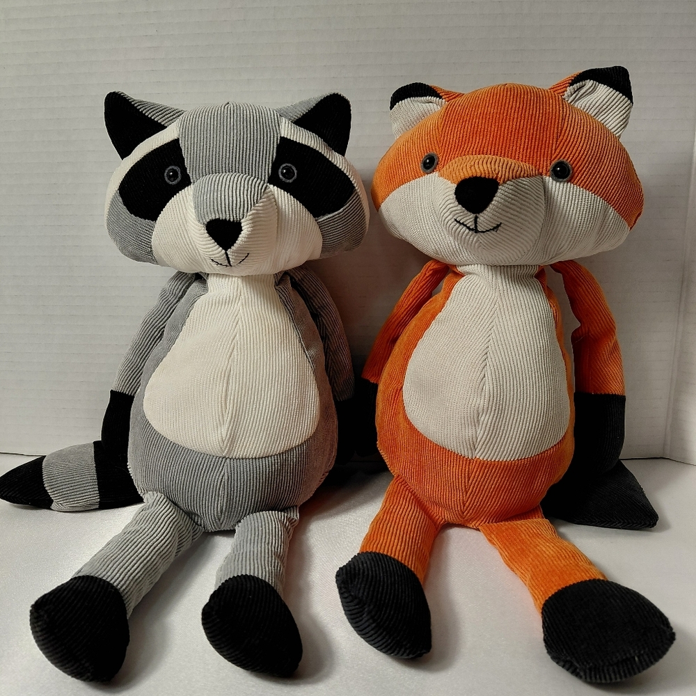 Plush Corduroy Fox and Raccoon Toy Pair - Orange & Gray